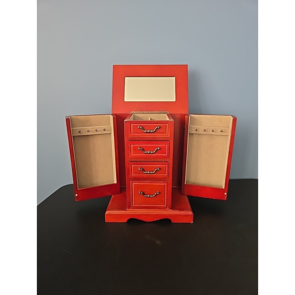 Croft & Barrow Oak Jewelry Box JX7401 Open Top Double Sided 3‎ Drawer Mirror